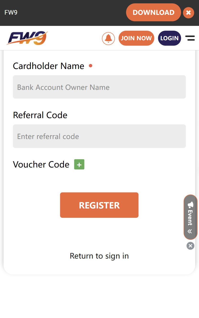 FW9 Casino Sign Up Bonus - Referral code and register button