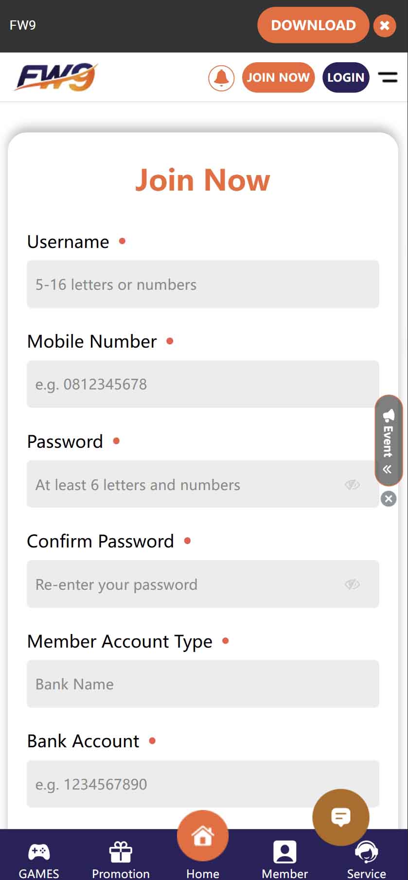 FW9 Registration Form - Account identification and financial setup fields